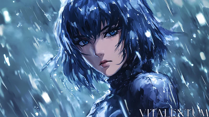 Storm-lit cyber heroine with intense blue gaze in rain.