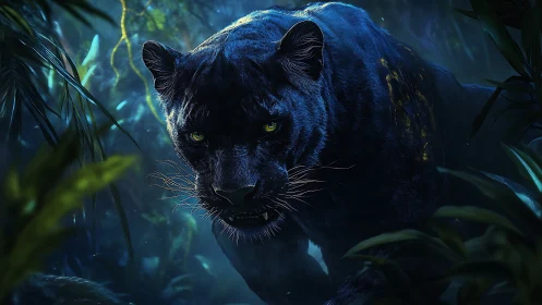 Shadow Beast's Luminous Gaze Pierces Midnight Jungle.