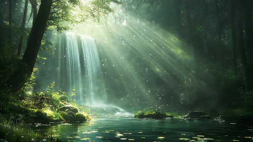 Enchanting Waterfall in Sunlit Forest, Realistic Fantasy Style.