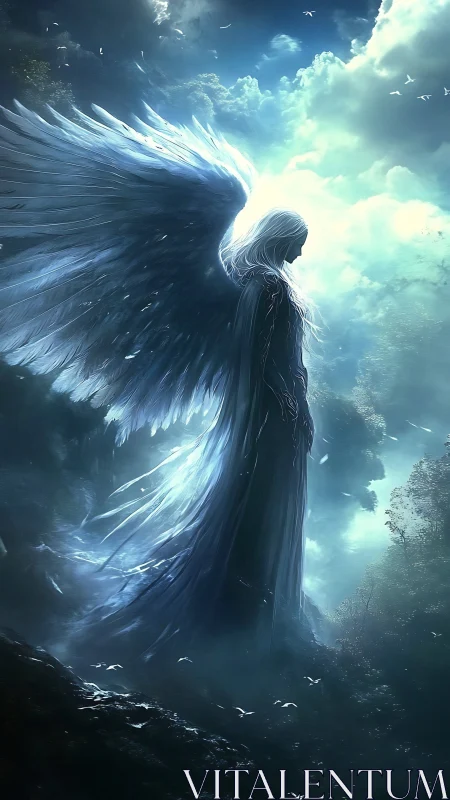 Celestial winged figure in luminous stormlit forest atmosphere.