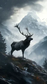 Majestic stag overlooking misty alpine mountain pass.