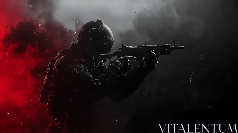 Tactical soldier silhouette with rifle in red and gray smoke.