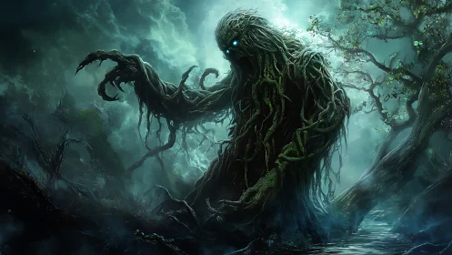 Vine‑covered humanoid entity in misted forest clearing.