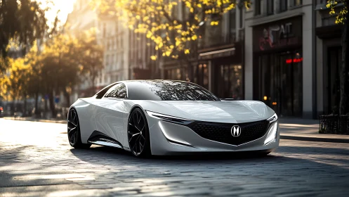 Sleek white concept coupe is parked on a sunlit urban street