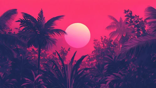 Neon tropical sunset landscape in saturated digital painting style.