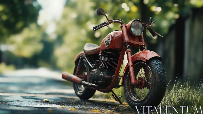 Weathered red motorcycle stands on wet roadside in daylight