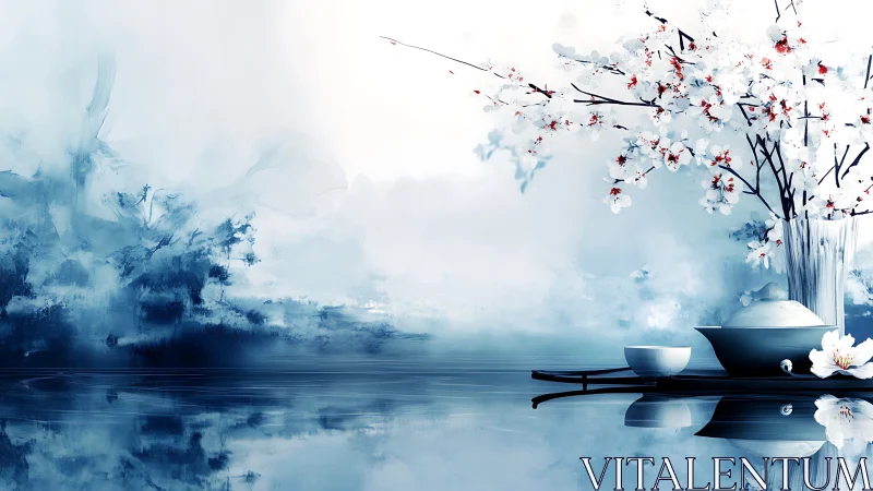 Minimalist porcelain still life balances with ethereal blossoms