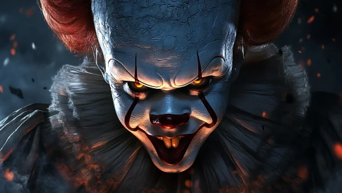 Malevolent carnival clown lunges from burning midnight gloom.