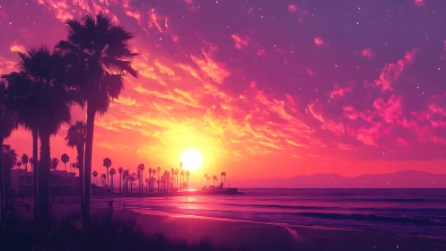 Digital coastal sunset with silhouetted palm tree skyline.