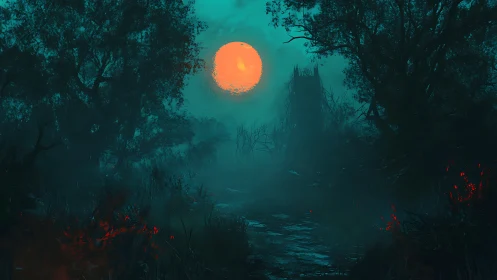 Orange full moon rises above dense, silhouetted forest path