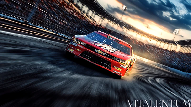 Red stock car attacks night oval under blazing floodlights.