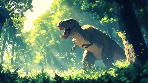 Roaring tyrannosaurus stalks a sunlit prehistoric forest