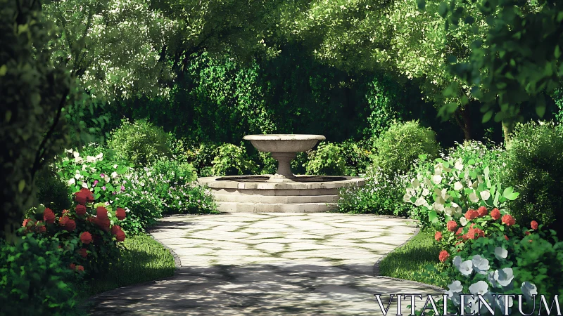 Sunlit garden path leading to a tranquil stone fountain.