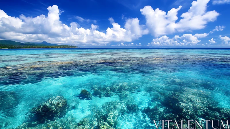 Sunlit coral lagoon beneath a sky of drifting daydream clouds.