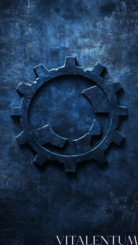Textured blue industrial gear emblem with fractured inner ring
