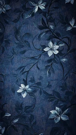 Blue fabric surface with white floral embroidery and vine motifs