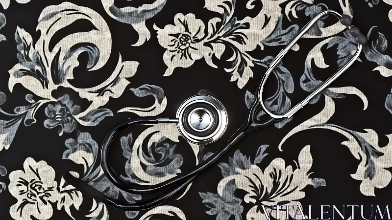 Chrome stethoscope rests on monochrome floral textile pattern.