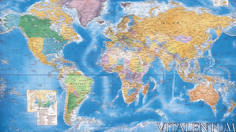 Detailed political world map highlights countries on blue oceans