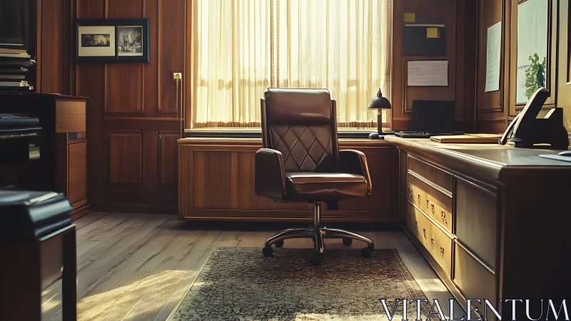 Leather swivel chair is centered in a wood-paneled office