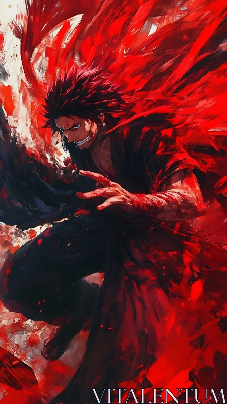 Blazing warrior lunges through crimson energy storm.