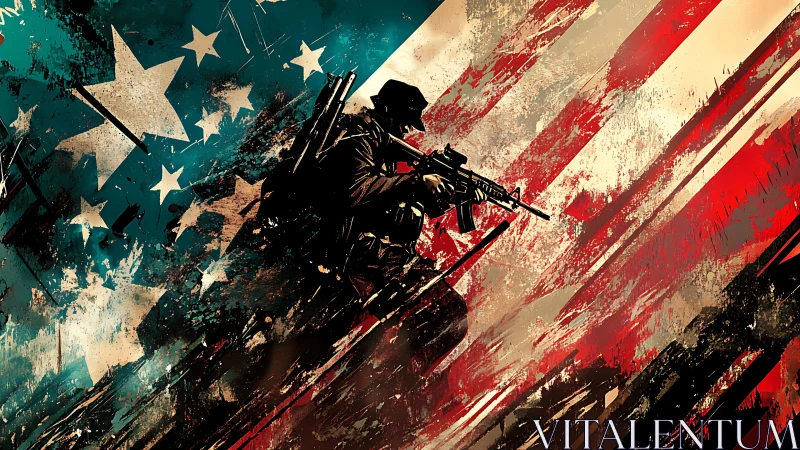 Soldier silhouette with assault rifle over distressed flag