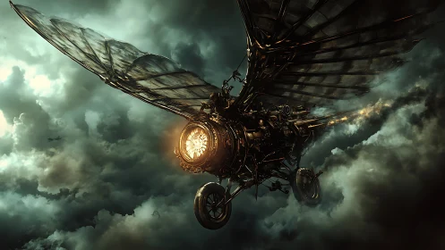 Steampunk ornithopter aircraft cuts through storm-turbulent clouds