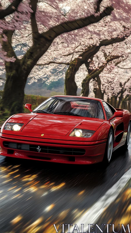 Red supercar racing under blooming cherry blossoms.