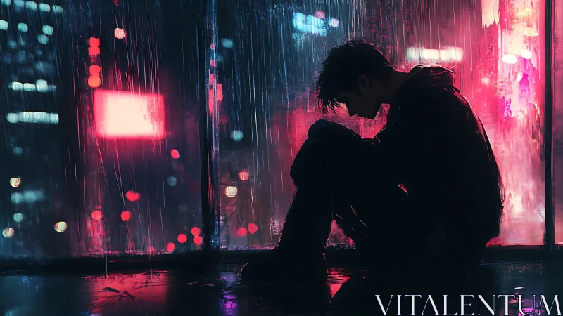 Solitary silhouette beside neon city window in rain-soaked night.