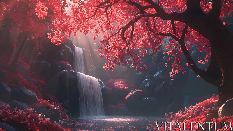 Crimson blossoms cradle a hidden waterfall in drifting light