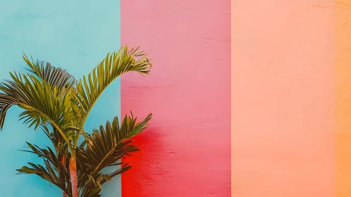 Tropical palm silhouette against tri-color pastel wall.