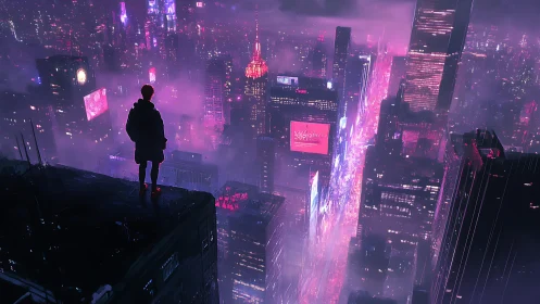 Solitary dreamer overlooking a neon soaked cyber city night.