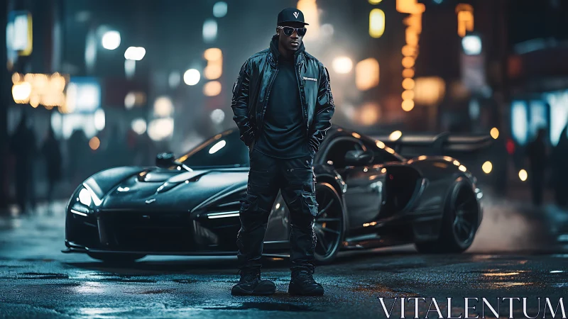 Midnight city driver stands confidently by sleek supercar