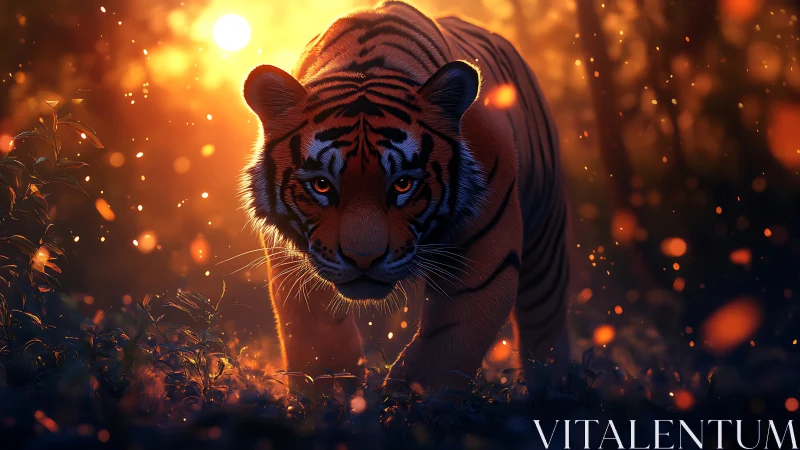 Sunlit tiger wanderer in a glowing ember-kissed forest.