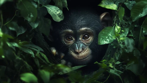 Baby chimpanzee face framed by dense jungle foliage.