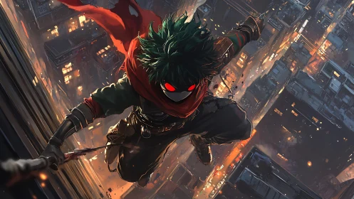 Masked vigilante leaps over illuminated city at night.