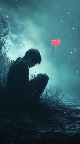 Silhouetted figure near path with glowing heart symbol at dusk.