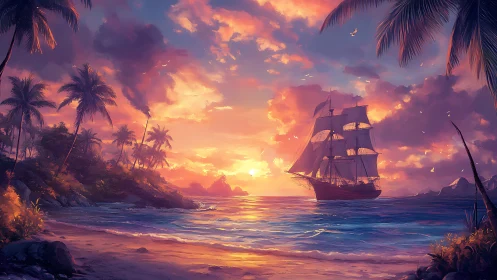 Sailing ship offshore near tropical coastline at sunset.