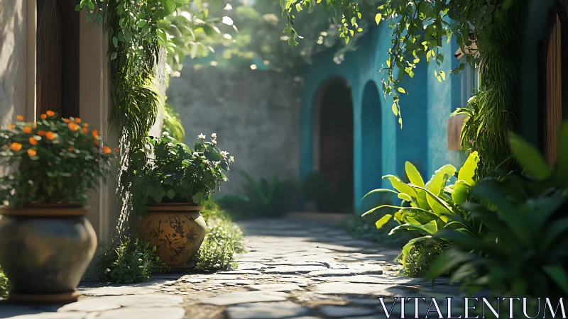 Sunlit stone alley with potted plants and blue walls.