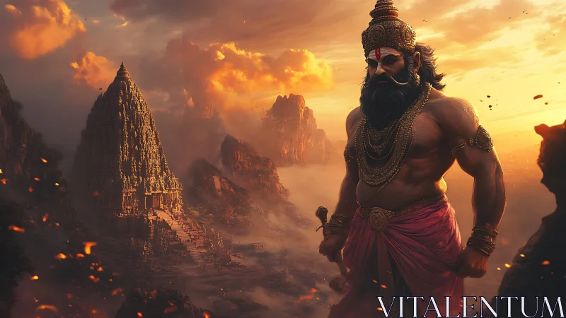 Sunlit warrior guardian beside a misty temple valley at dusk.