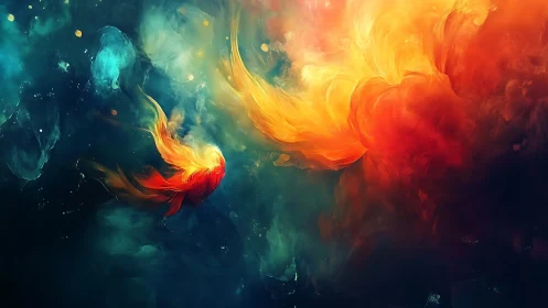 Fiery koi forms bloom through deep cosmic waters.