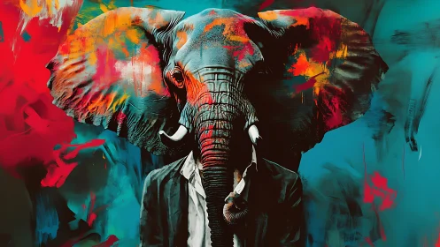 Elephant-headed figure in suit against abstract color field