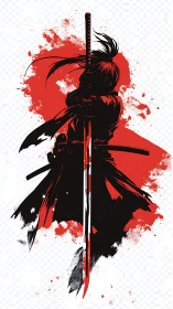 Samurai silhouette with sword over bold red splatter.