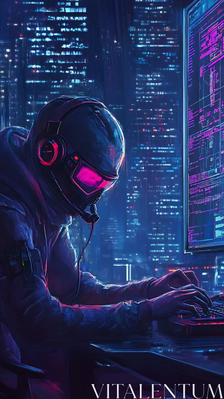 Solitary cyberpunk hacker works under neon city skyline