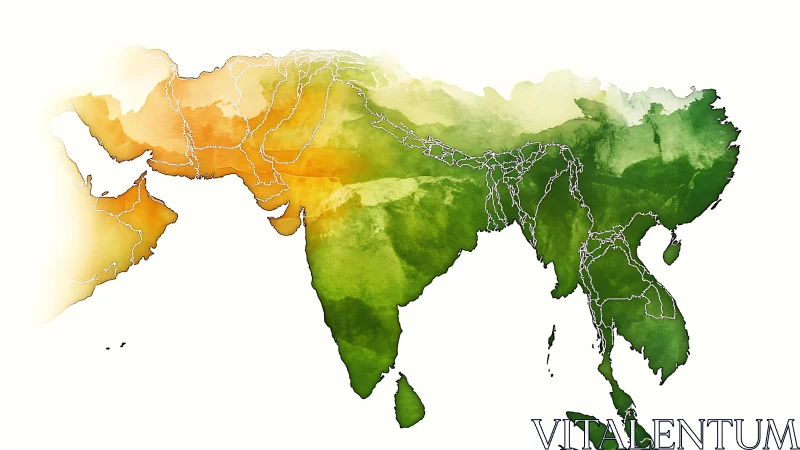 Watercolor political map of South and Southeast Asia region.