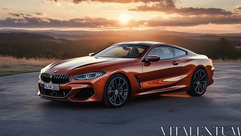 Orange BMW coupe parked on open road at sunset in hills