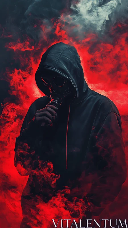 Hooded figure in gas mask amid dense red smoke plume.