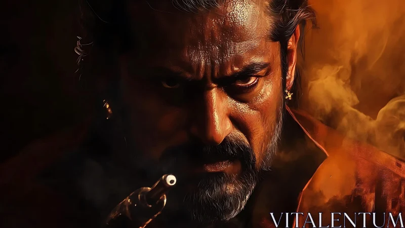 Intense gunman portrait rendered in high-contrast digital chiaroscuro