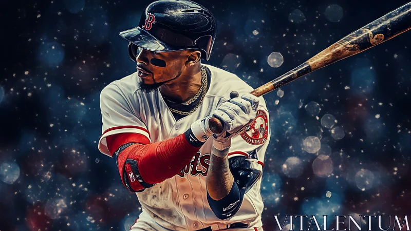 Focused baseball hitter ready to swing under bright lights.