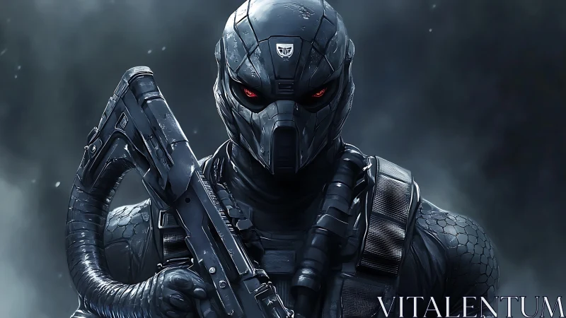 Armored cybernetic soldier aims rifle in dense atmospheric fog