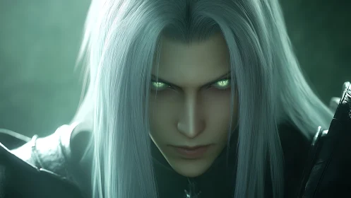 Silver haired character stares forward with glowing green eyes